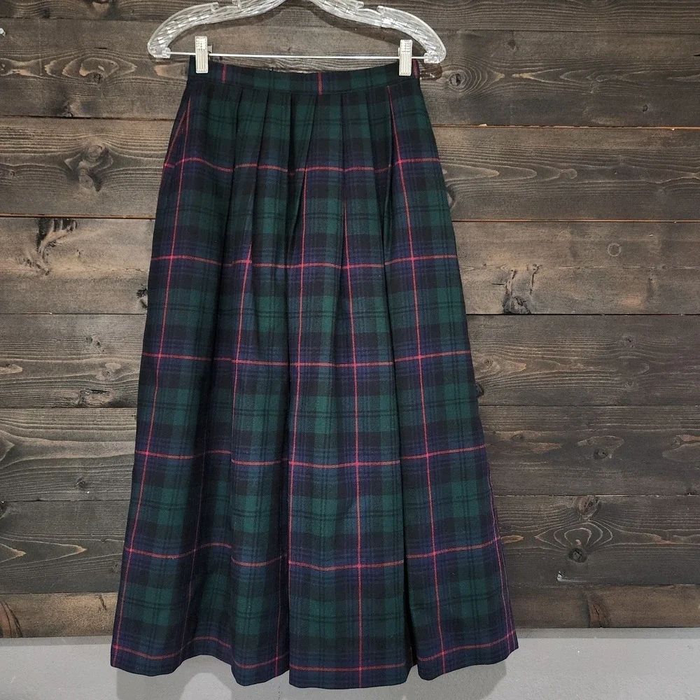 Vintage Wool Green Blue Tartan Plaid Pleated Midi Skirt Waist 25